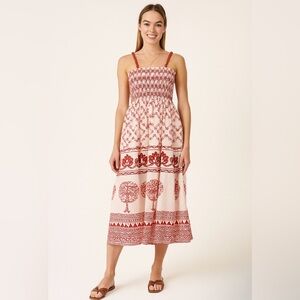 Ash & Eden Midi Dress Women’s Small Smocked Tiered Embroidered Coral Tropical